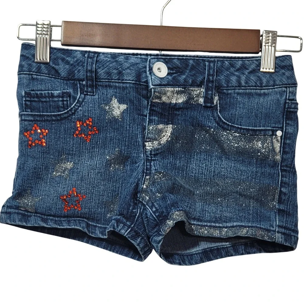 SO Authentic American Heritage Girls Denim Shorts Blue Stars Stripes Glitter 7‎